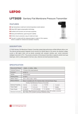 Transmetteur de pression à membrane plate sanitaire LEFOO LFT2020