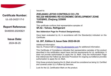 Certification UL obtenue!! ! ------ Vannes à billes de réfrigération LFBV et LFSG Series Lunettes de vue